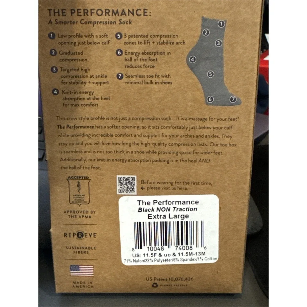 APOLLA XL The PERFORMANCE Crew Sock Non-Traction Compression Stability Black NEW